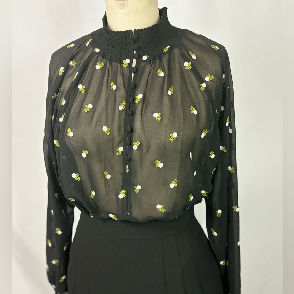 CABi Black Sheer Mesh Floral Oversized Blouse Top Small